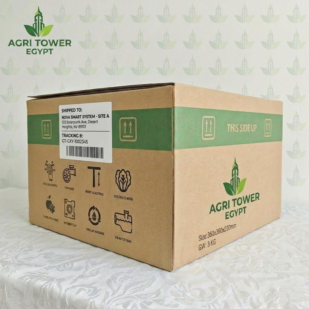 Agri Tower premium packaging box for smart hydroponic systems with green branding and export labels