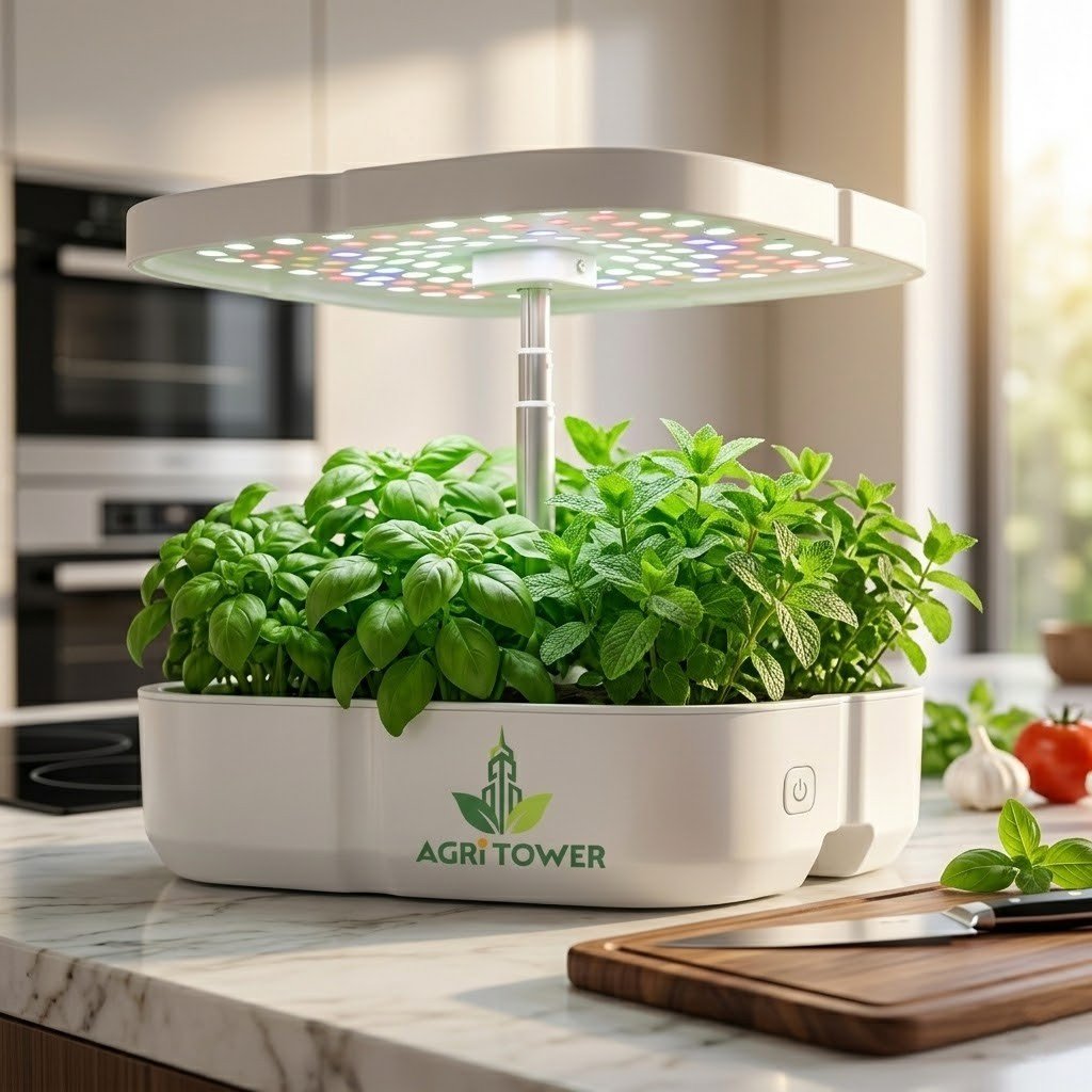 Agri Tower Nova smart indoor hydroponic system for home kitchen with LED grow lights