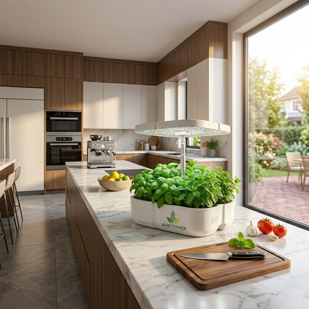 Agri Tower Nova smart indoor hydroponic system for home kitchen with LED grow lights