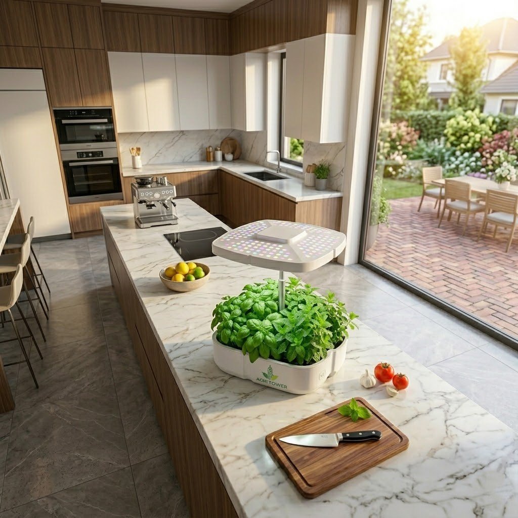 Agri Tower Nova smart indoor hydroponic system for home kitchen with LED grow lights