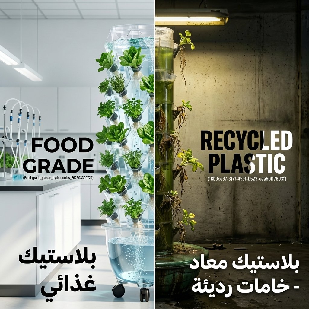 Comparison between food-grade plastic with healthy roots and recycled plastic with root rot in hydroponic tower