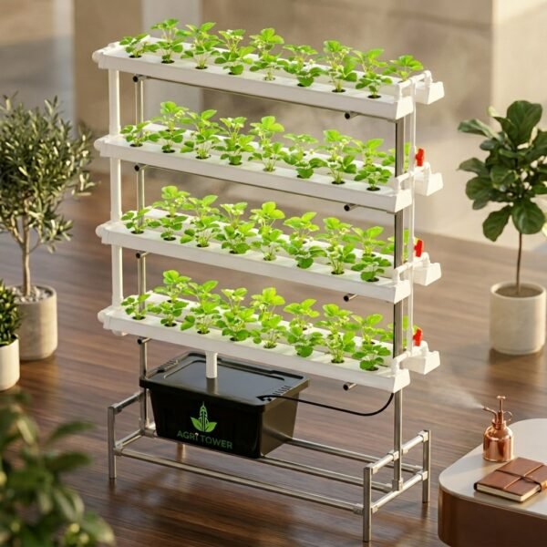 Lush green lettuce growing in Agri Tower H-Pro 80-hole system