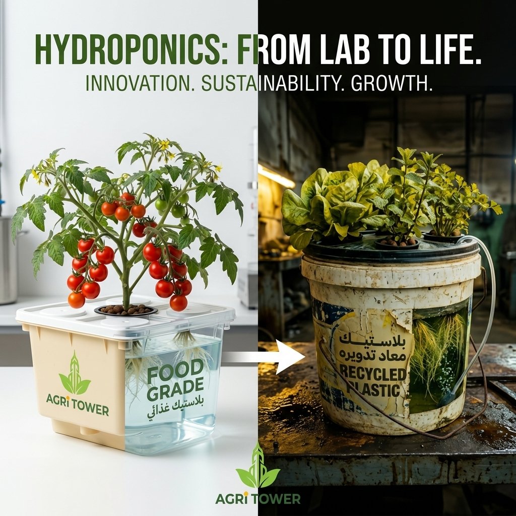 Comparison between food-grade plastic with healthy roots and recycled plastic with root rot in hydroponic tower