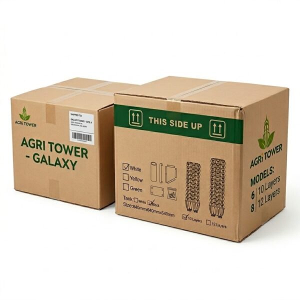 Agri Tower premium packaging box for smart hydroponic systems with green branding and export labels
