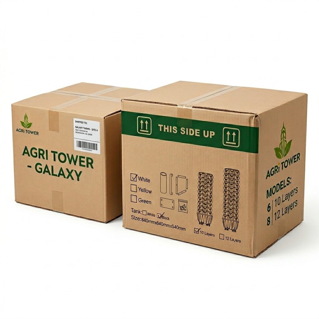 Agri Tower premium packaging box for smart hydroponic systems with green branding and export labels