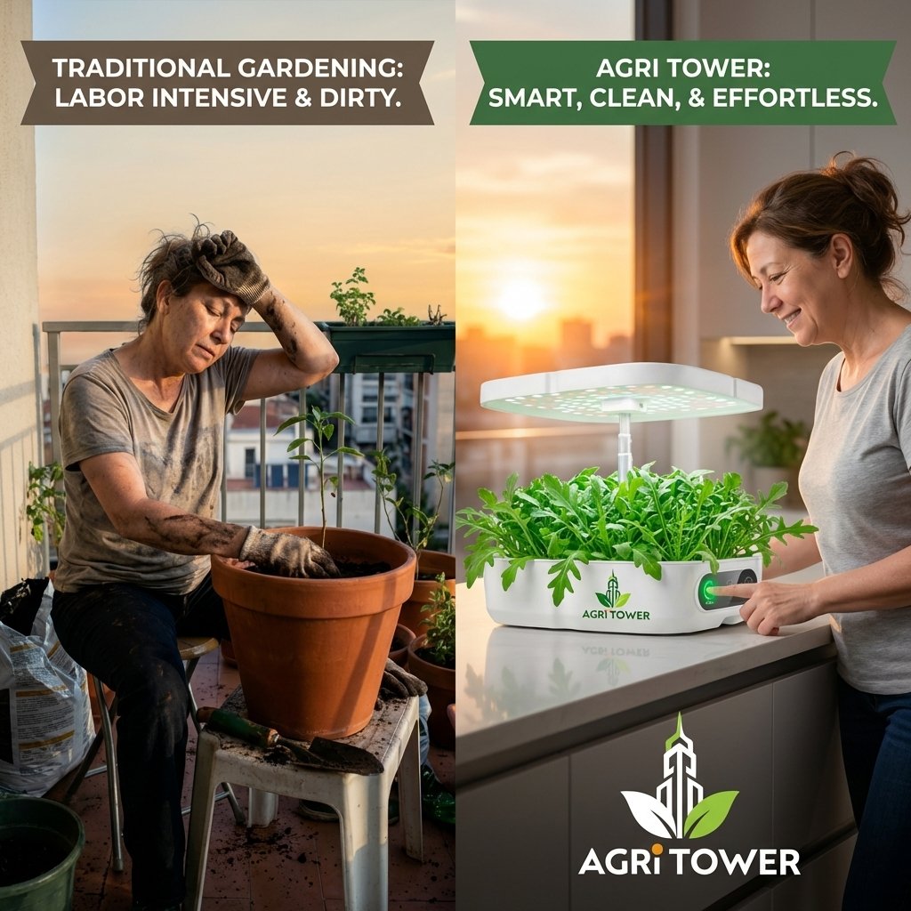 Comparison between traditional soil gardening labor vs clean smart hydroponic indoor system Agri Tower Nova
