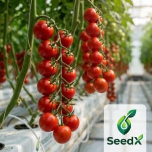 SeedX Cherry Tomato Strillo F1 Hybrid Seeds growing on a vine in a greenhouse