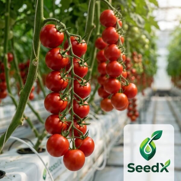SeedX Cherry Tomato Strillo F1 Hybrid Seeds growing on a vine in a greenhouse