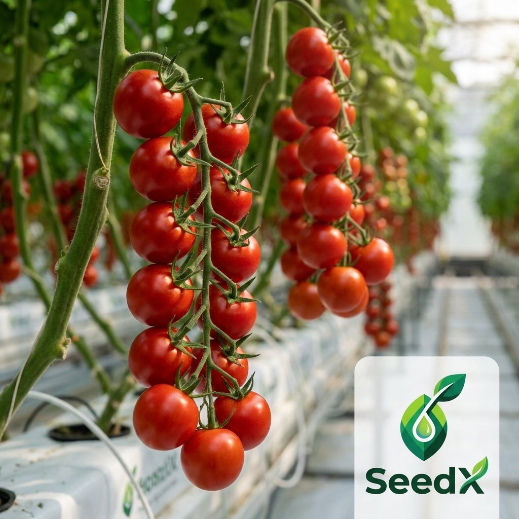 SeedX Cherry Tomato Strillo F1 Hybrid Seeds growing on a vine in a greenhouse