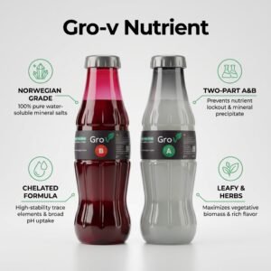 Gro-v Pro Nutrient Hydroponics Solution A&B components infographic with Grov A (greenish-white liquid) and Grov B (red liquid) bottles.