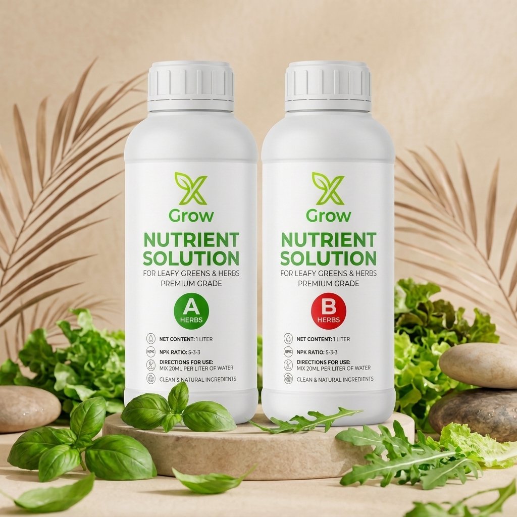 GrowX Hydroponics Nutrient Solution A and B bottles for leafy greens and herbs on a stone pedestal
