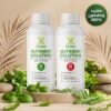 GrowX Hydroponics Nutrient Solution A and B bottles for leafy greens and herbs on a stone pedestal