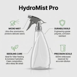 Agri Tower HydroMist Pro 650ml micro-mist precision sprayer infographic for hydroponic seedlings and foliar feeding
