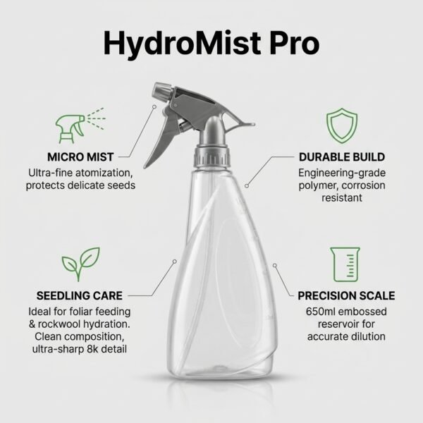 Agri Tower HydroMist Pro 650ml micro-mist precision sprayer infographic for hydroponic seedlings and foliar feeding
